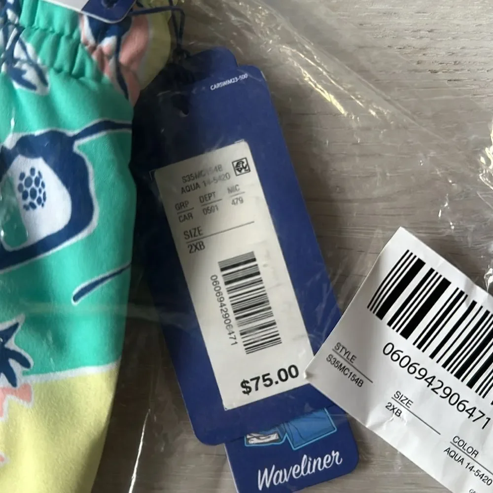 Caribbean Waveliner Swim Trunks Aqua Tropical‎ 2XB New With Tags